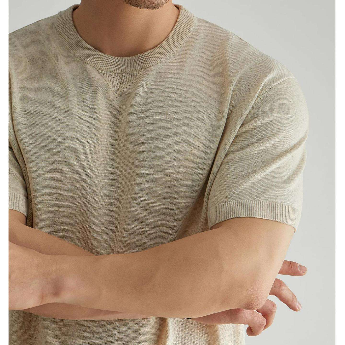 普洛克新款 麻圆领短袖恤男夏套头针织衫薄款复古夹花休闲男士恤