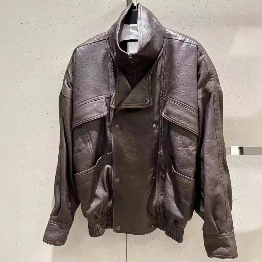 普洛克正品皮衣秋季新款廓形新西兰泡皮欧美复古风百搭潮流夹克女