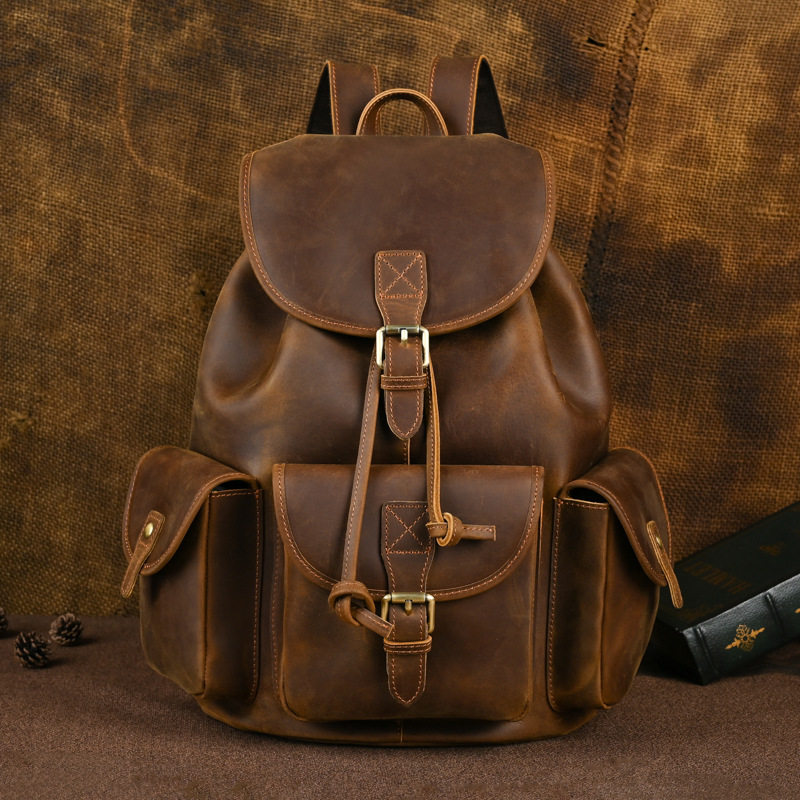 普洛克正品士双肩包疯马皮背包男电脑包多口袋大容量欧美复古外贸