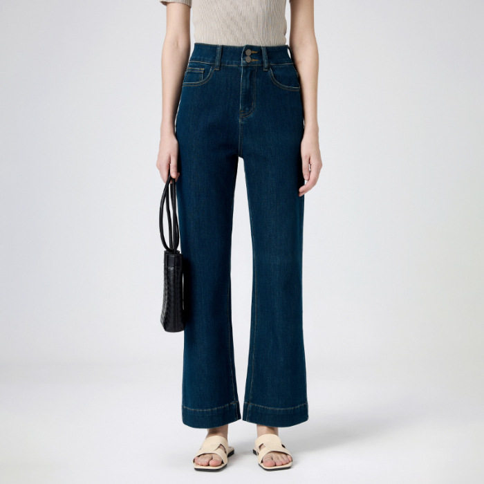 普洛克正品四面弹绿光牛仔裤女秋季新款双排扣高腰显瘦直筒九分裤