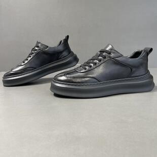 头层牛皮男款潮鞋欧洲站男鞋潮流百搭黑色板鞋男生运动厚底休闲鞋