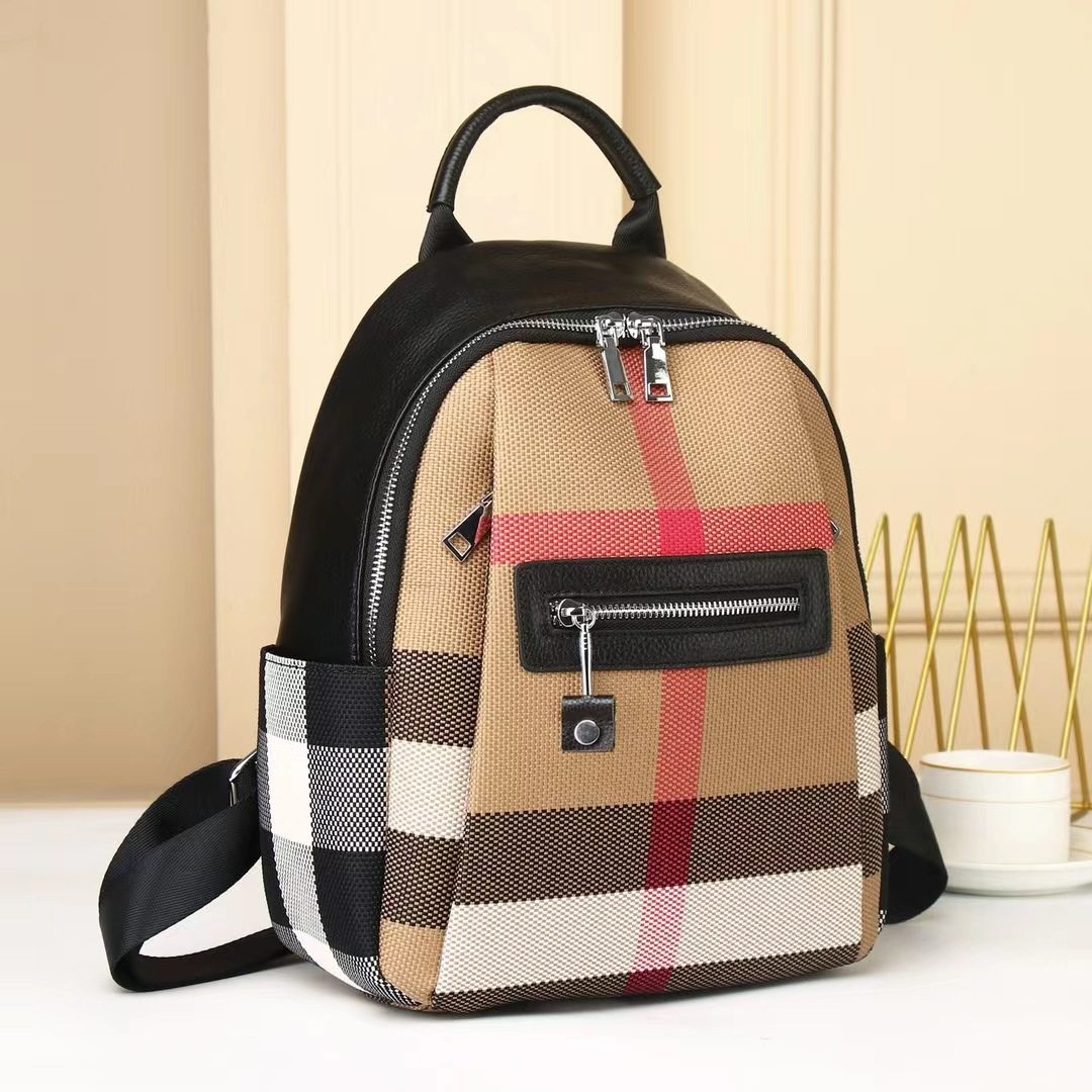 普洛克正品尚真皮双肩包女潮新款牛皮背包洋气新品女包高档格子包