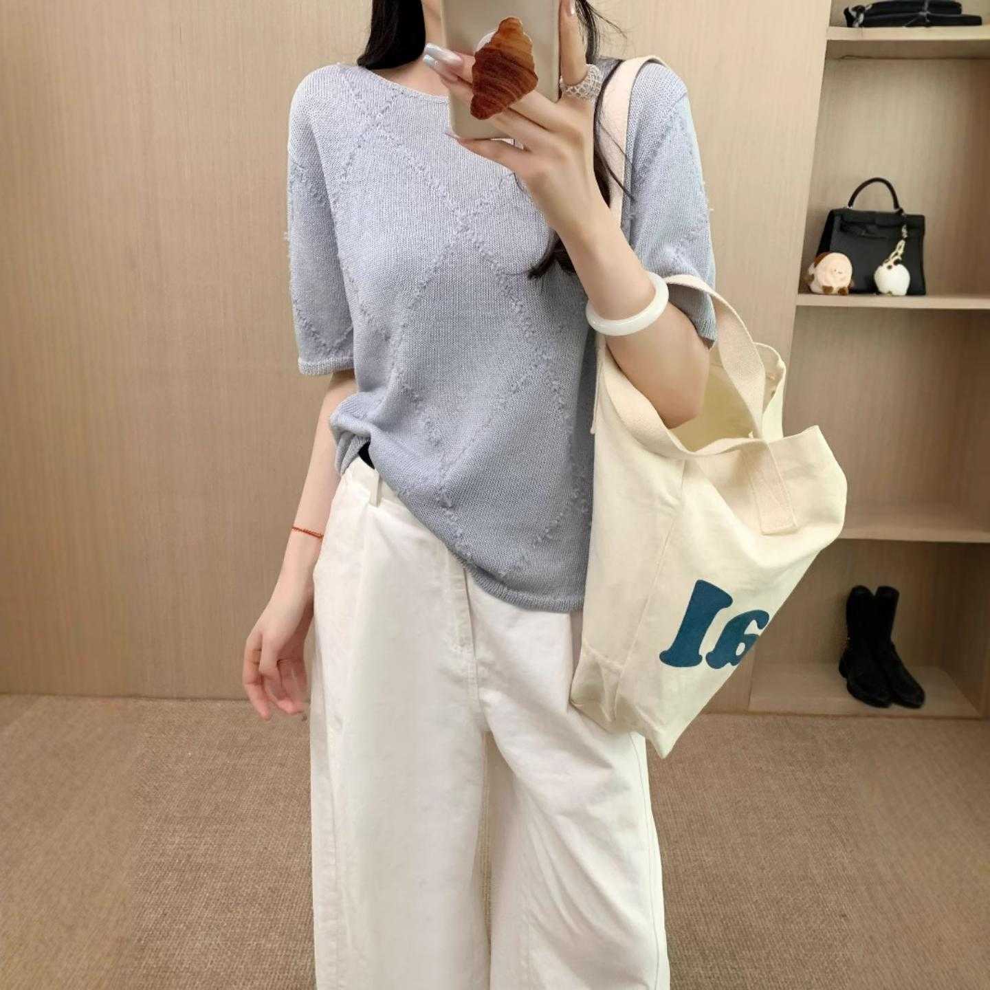 普洛克新款 和纸纱方块菱形提花针织衫女薄款夏短袖圆领t恤宽松慵