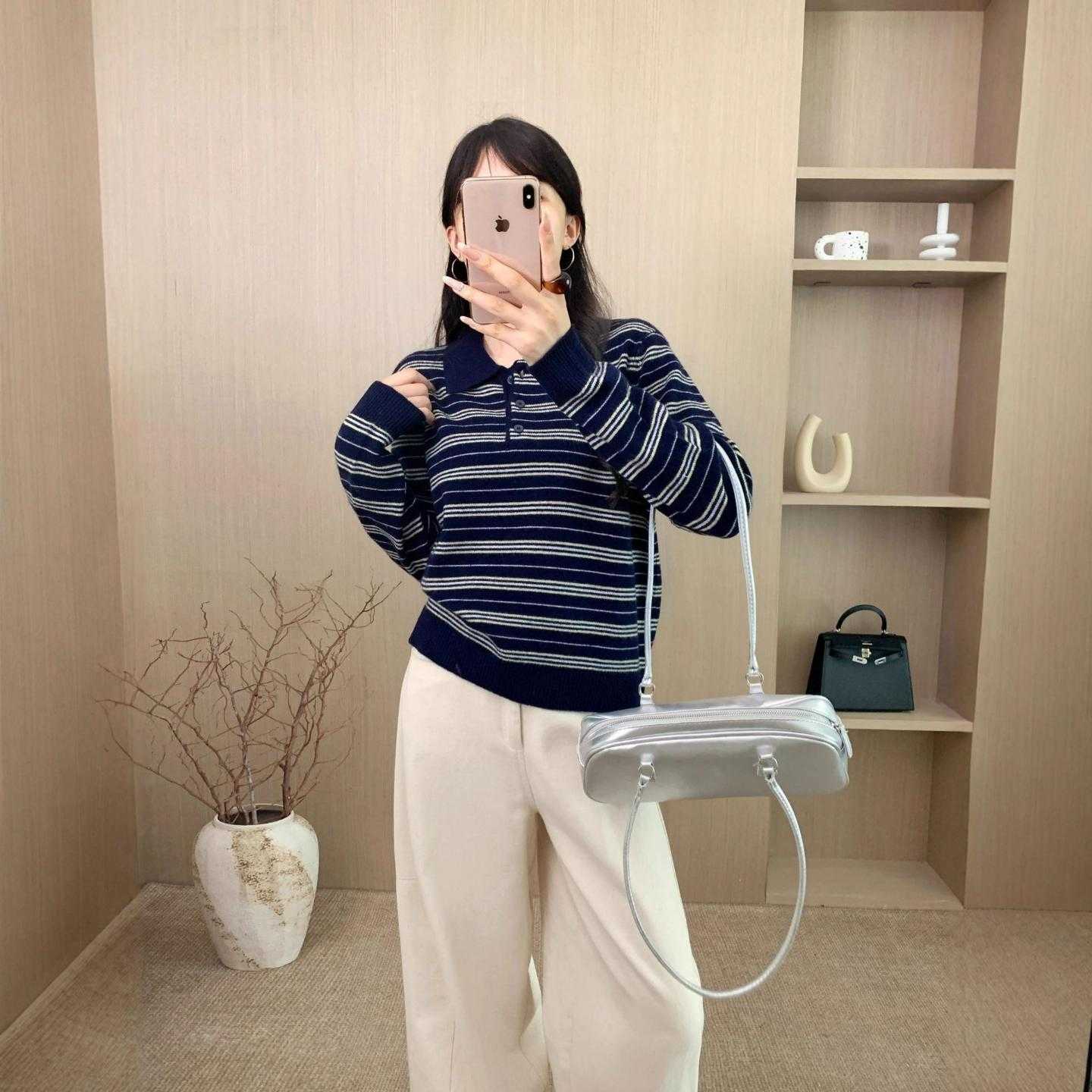普洛克新款 复古风时髦撞色条纹针织羊毛衫女长袖领套头上衣宽松