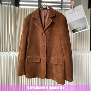 普洛克25新款A级绵羊皮反翻绒真皮皮衣西装秋冬棕色外套女装上衣