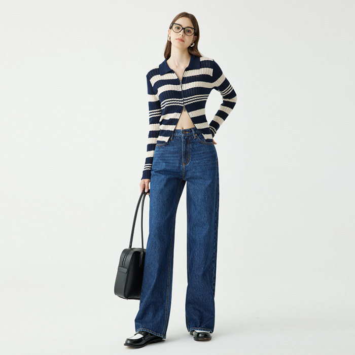 普洛克正品秋冬季高端宽松牛仔裤女士高腰拖地裤气质窄版直筒阔腿