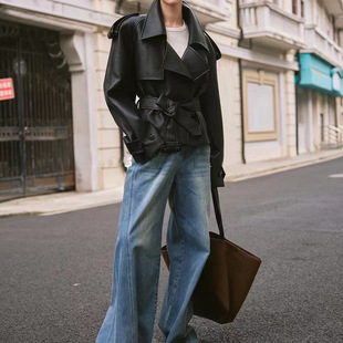 普洛克正品皮衣英伦风山羊鹿纹皮大翻领腰带垫肩短款风衣女士外套