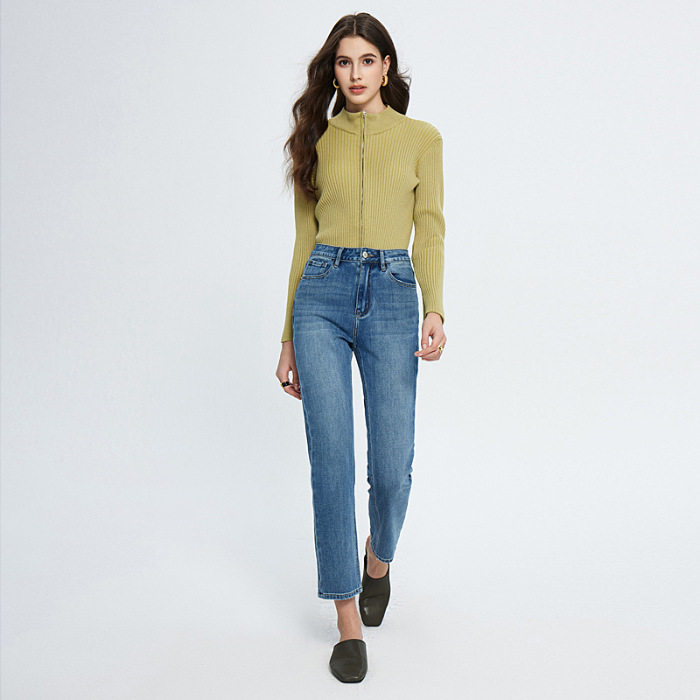 普洛克正品新款秋季九分牛仔裤女高腰显瘦锥形弹力烟管直筒显瘦裤