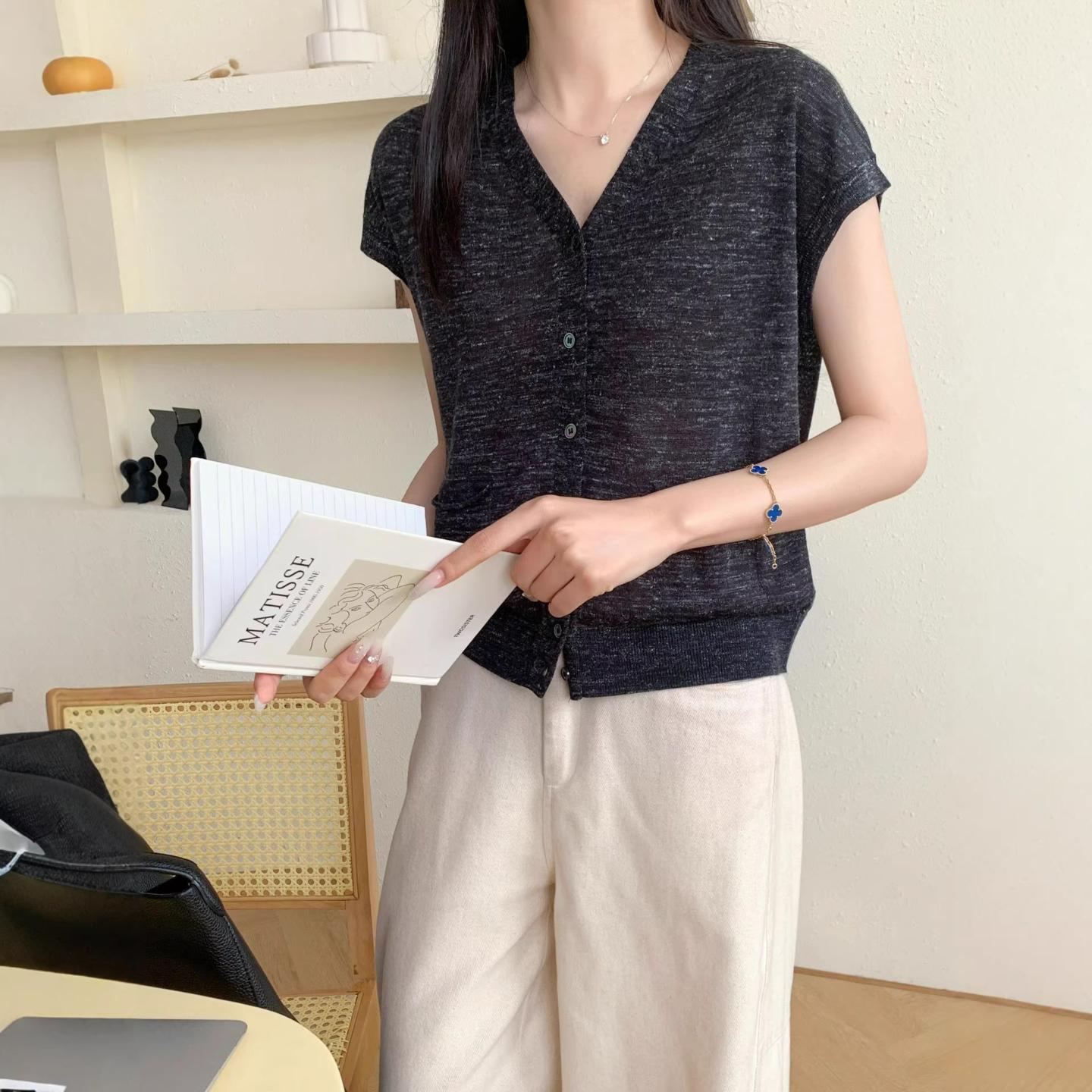 普洛克新款 麻春款针织领短袖开衫女恤休闲百搭显瘦贝壳扣上衣薄