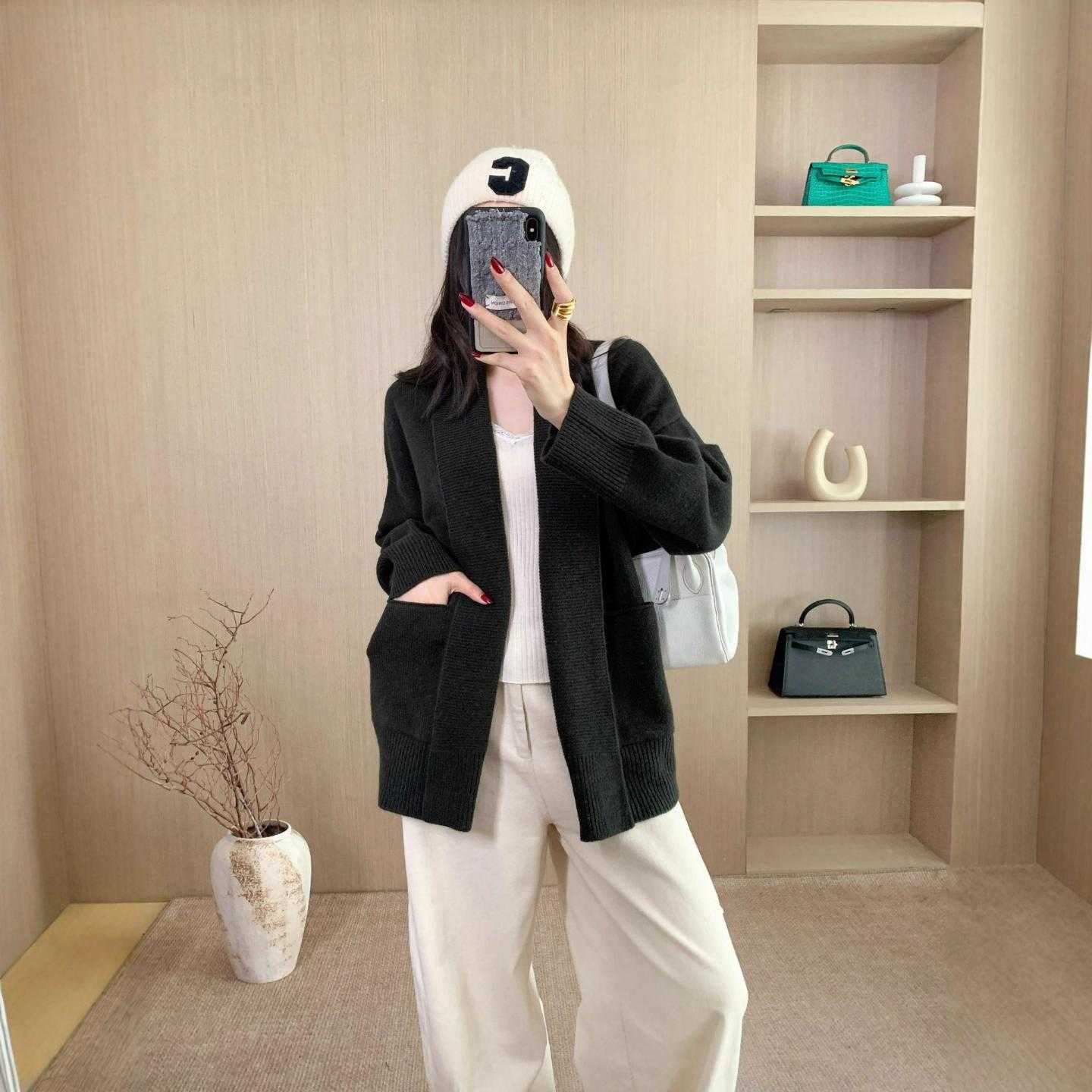 普洛克新款 设计中长款绵羊毛开衫外套女宽松阔版针织毛衣外披休