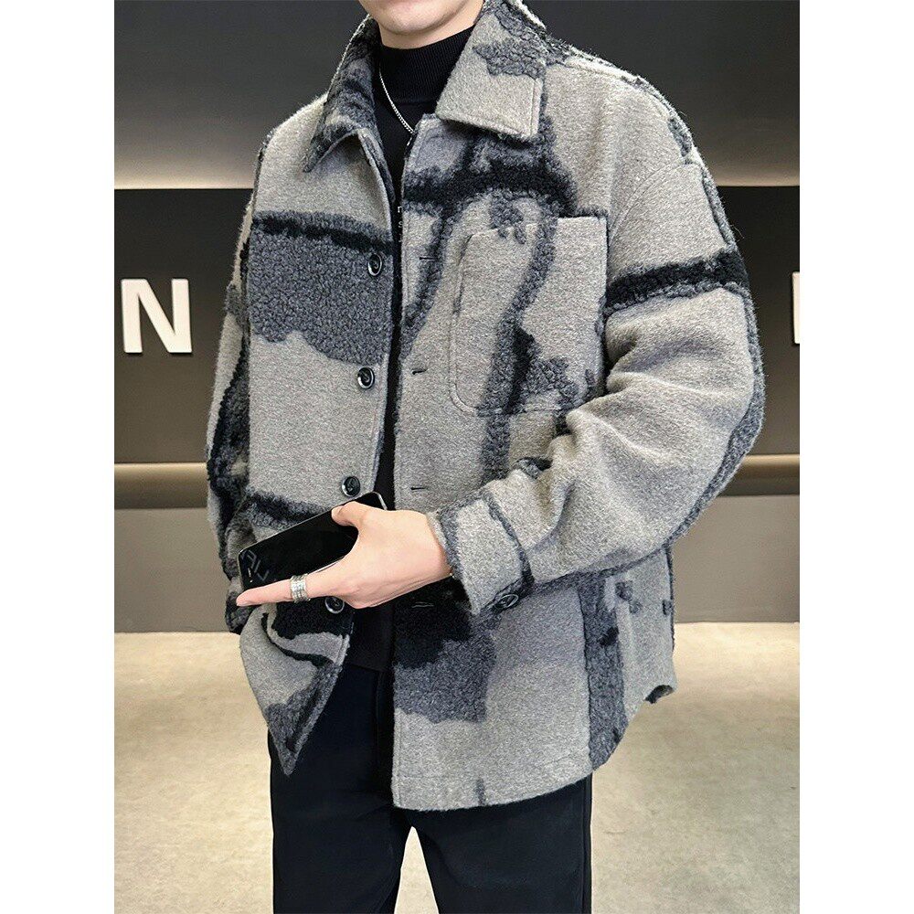 【普洛克】新款 店主风韩版羊毛衬衫立体纹理夹克毛呢大衣冬男装
