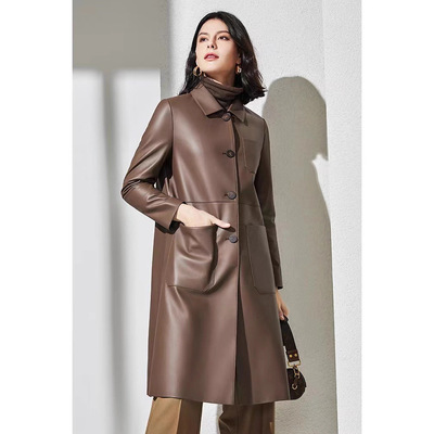 普洛克正品款真皮绵羊皮皮衣高端气质时尚翻领风衣中长款女装外套