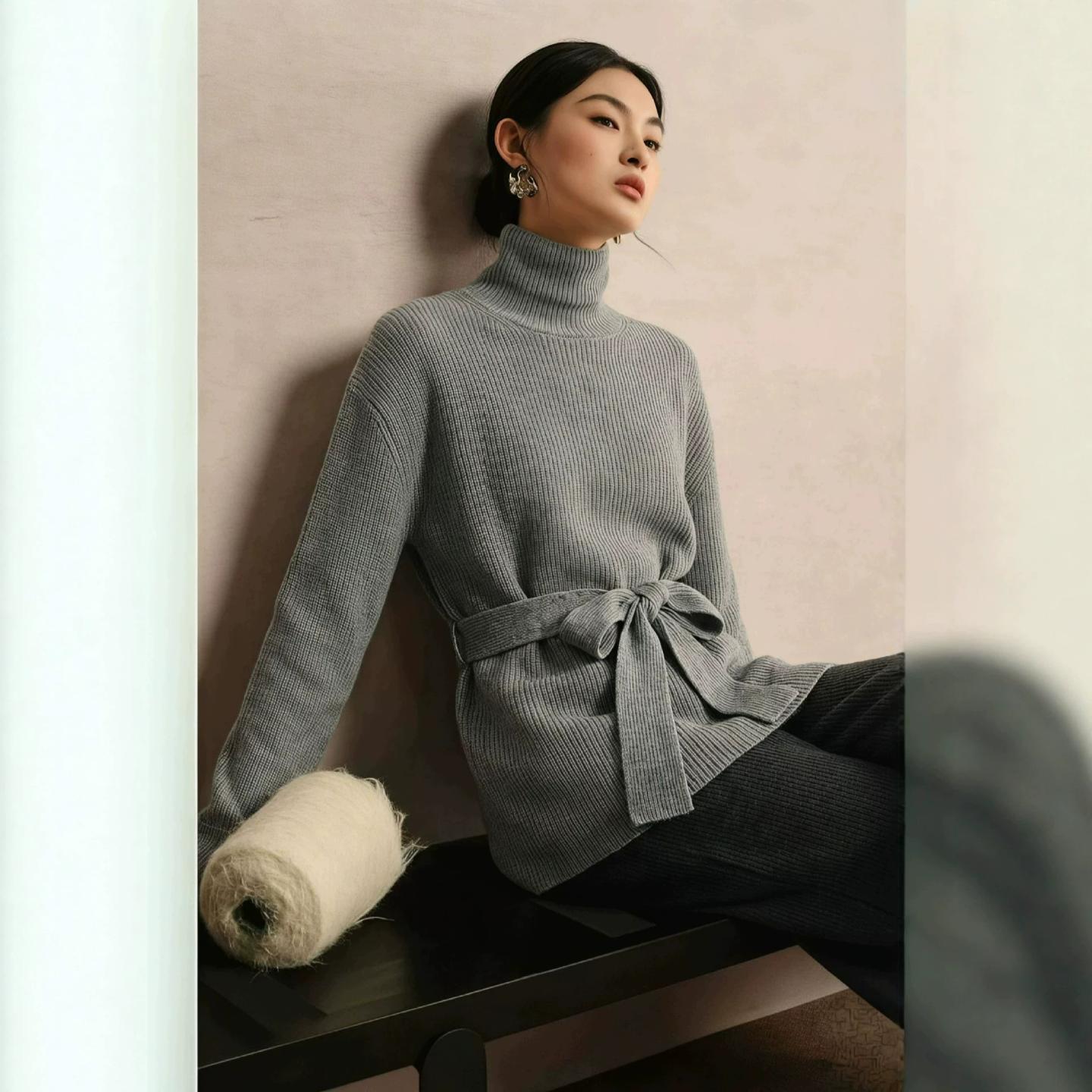 普洛克新款 秋冬高堆堆领中长款羊毛衫女宽松系带收腰御姐范气质