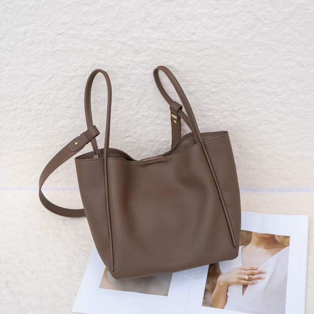 普洛克正品新款头层牛皮菜篮包大容量单肩包简约真皮水桶包手提包