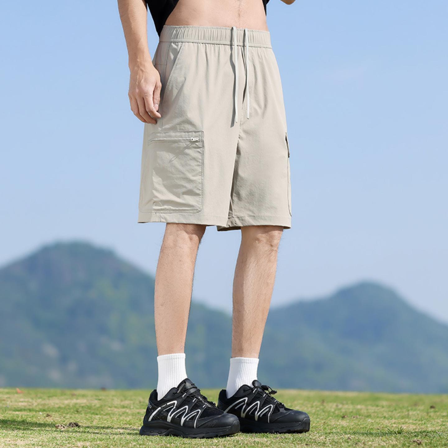 普洛克新款男裤 冰丝工装多袋五分裤青年宽松中裤提花格纹松紧腰