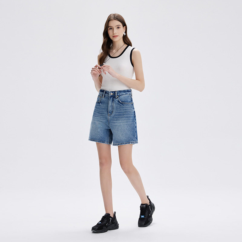 普洛克正品高端时尚短裤夏季新款高定蓝牛仔裤宽松直筒四分裤宽松