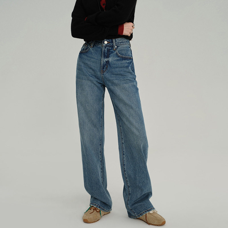 普洛克正品年四季宽松牛仔裤气质高腰直筒裤窄版深圳南油高端女裤