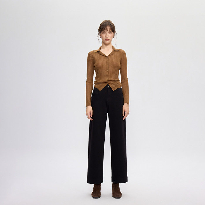 普洛克正品美派秋季新款四面弹黑色直筒九分牛仔裤女高腰显瘦百搭