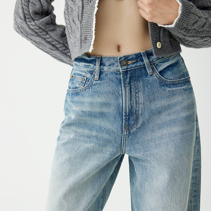 普洛克正品&秋季高端宽松牛仔裤女士高腰拖地裤气质窄版直筒阔腿