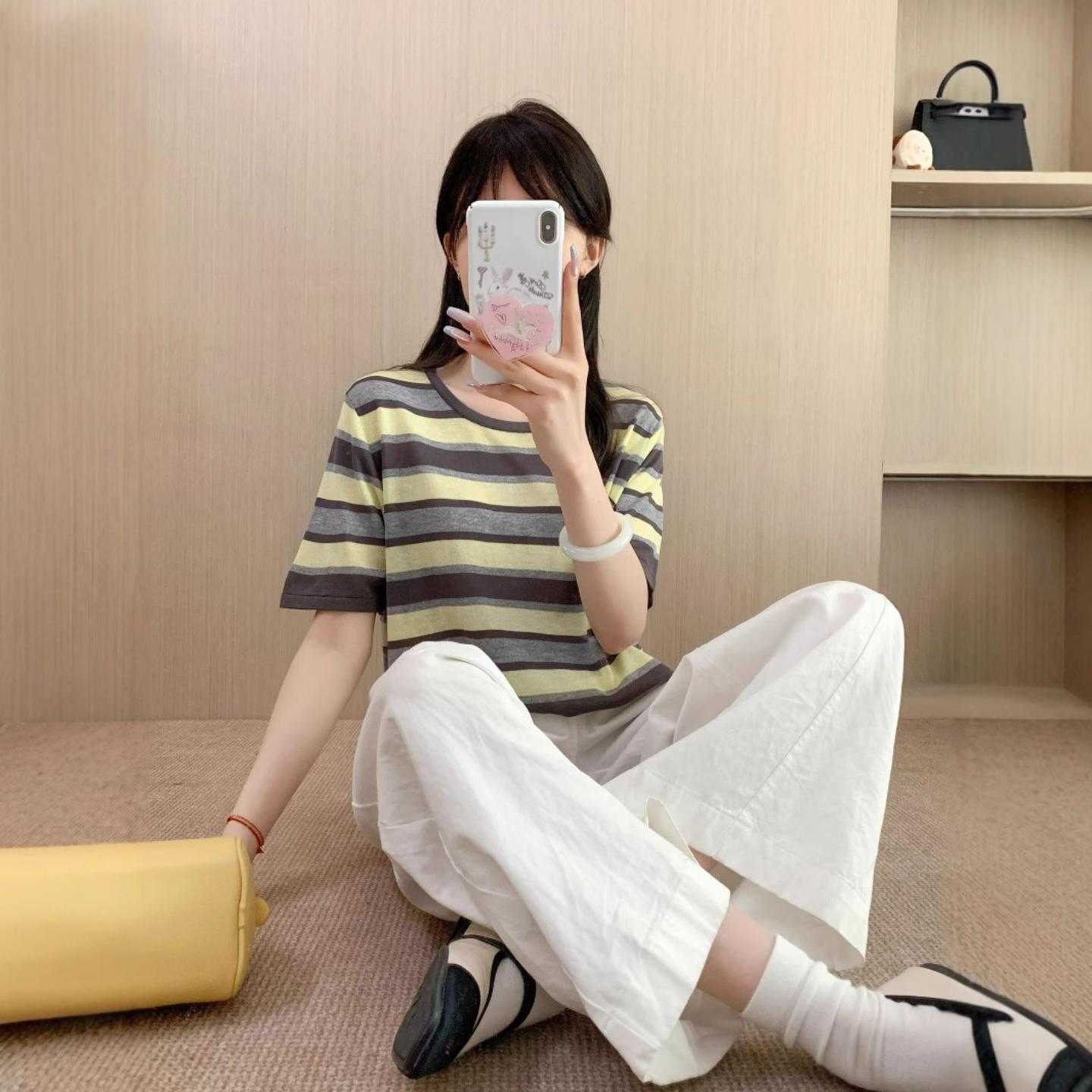 普洛克新款 韩版撞色条纹针织衫女宽松短袖圆领套头T恤慵懒风百搭