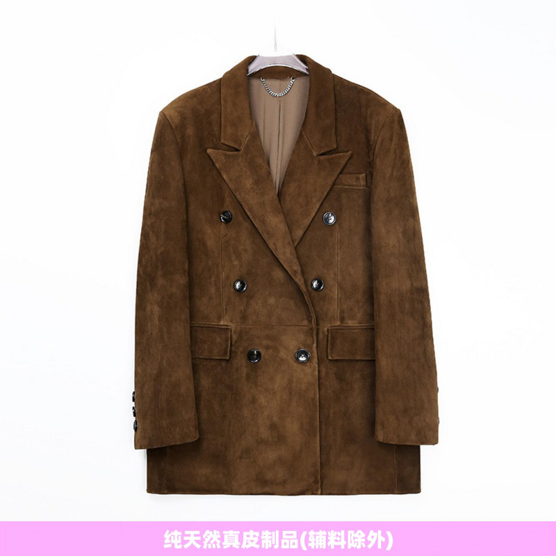 普洛克正品 反绒A级山羊皮真皮皮衣男女港风双排扣宽松中性外套