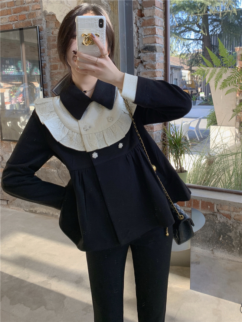 Real price French doll collar stitching design shirt top and pipe pants suit