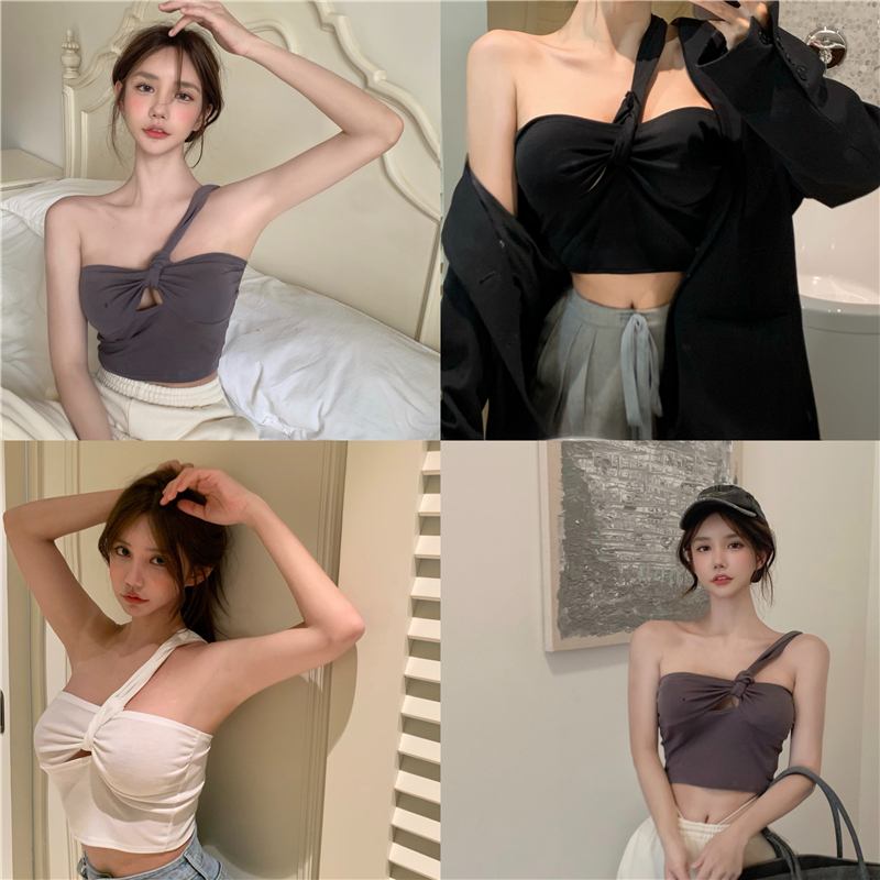 Real shot real price hollow out one shoulder vest women's suspender niche design sense of Wearing Sexy French short top