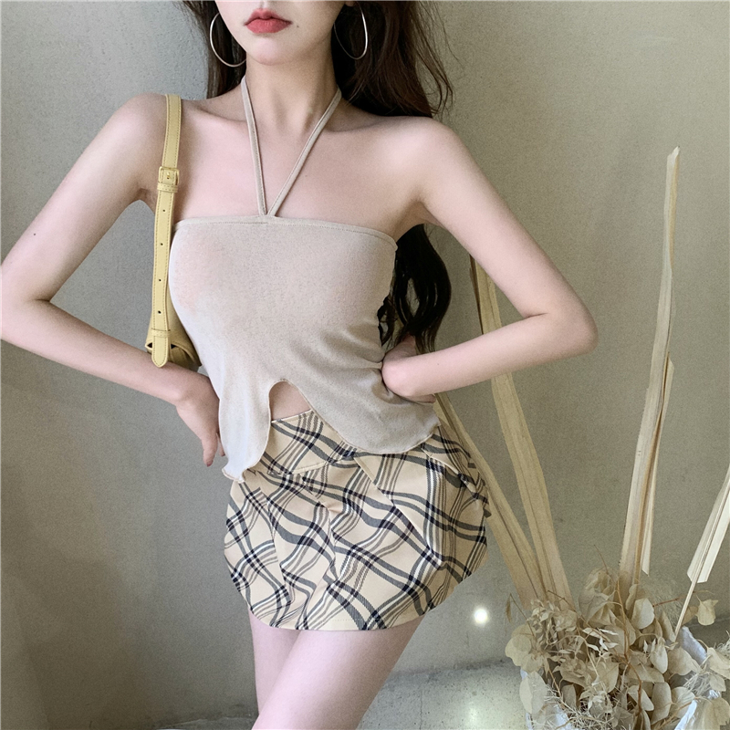 實拍實價 掛脖開叉不規則吊帶背心掛脖上衣+洋氣性感百褶半身短裙
