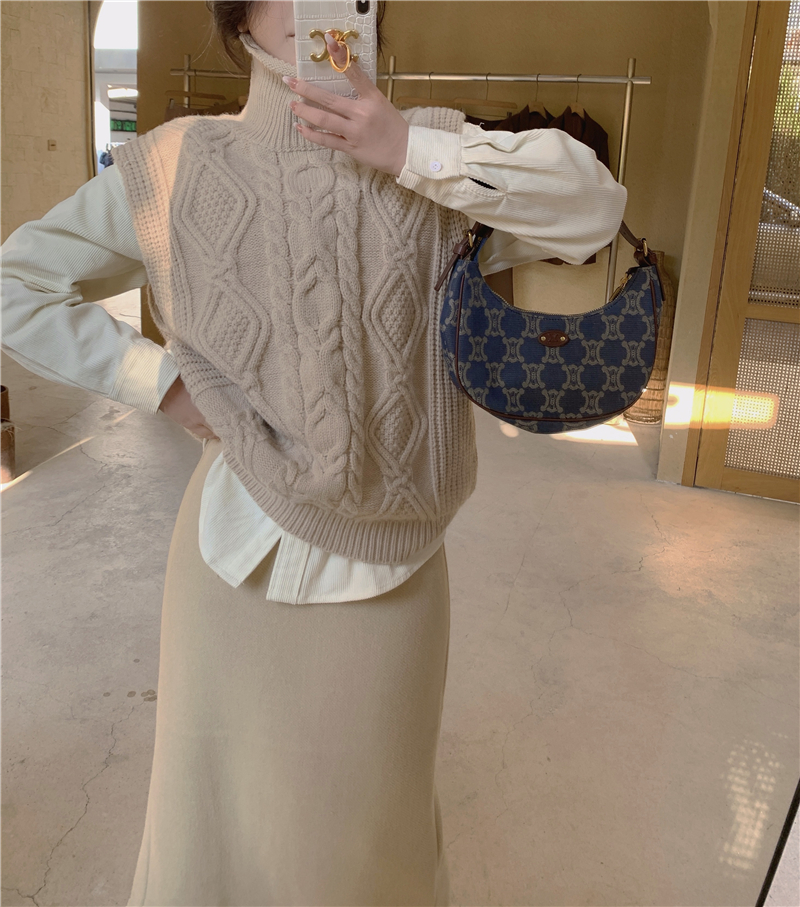 Real price tender twist high collar sleeveless vest skirt corduroy shirt suit