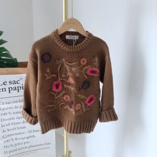 啦芙L童装秋冬季男童复古绣花毛衣女童韩版套头针织毛线衫1500