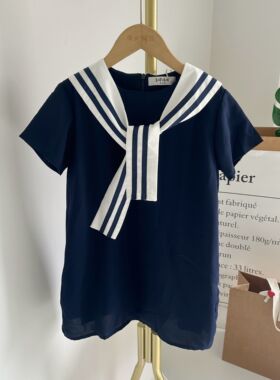 啦芙L童装夏款女童短袖连衣裙雪纺学院风翻领直筒短裙9505