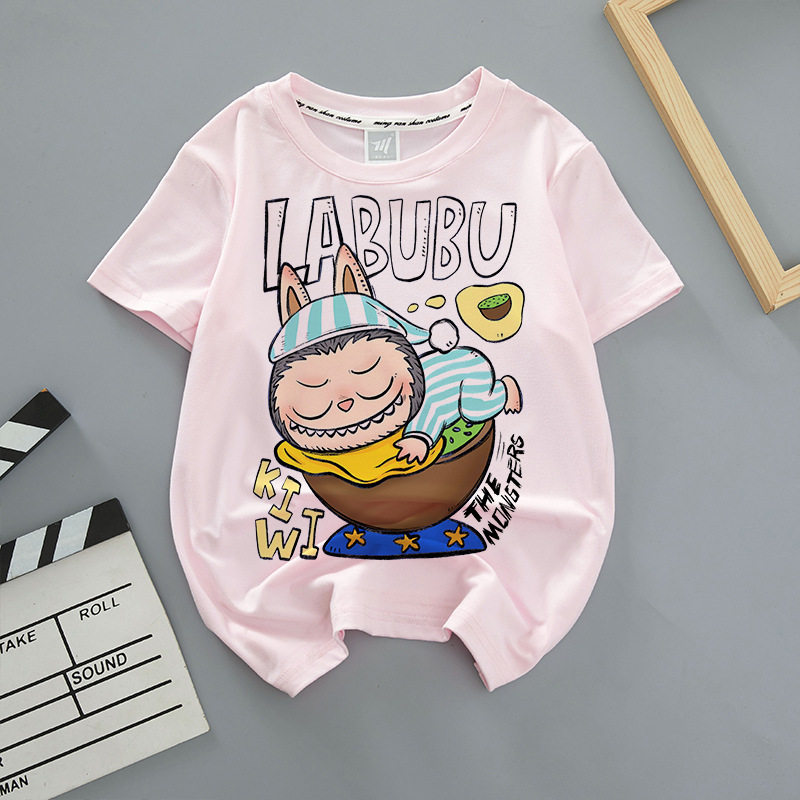 跨境夏季Labubu 拉布布动漫短袖男女学生潮流粉色T恤休闲亲子装潮