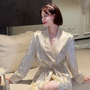 中長款 DIMDEVL汀黛 青果領(lǐng)輕奢緞面絲絨睡衣女 春秋季 高級感睡袍