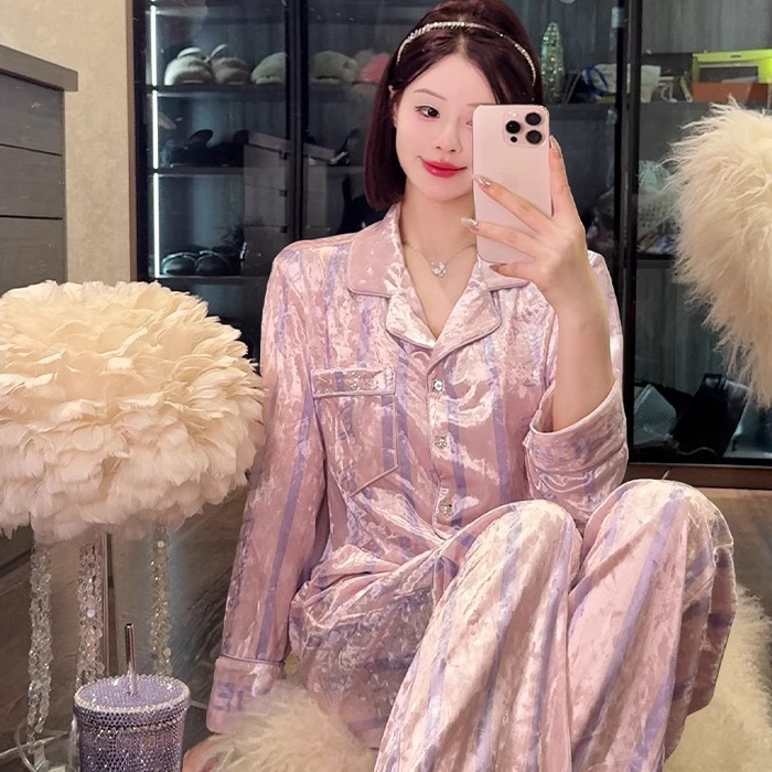 条纹乐园金钻丝绒秋冬长袖睡衣