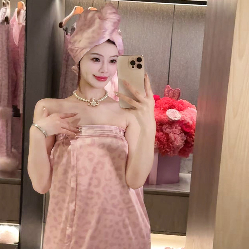 顽皮粉豹抹胸缎面轻奢浴帽浴巾