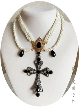 哥特风黑色十字架流苏镶嵌项链