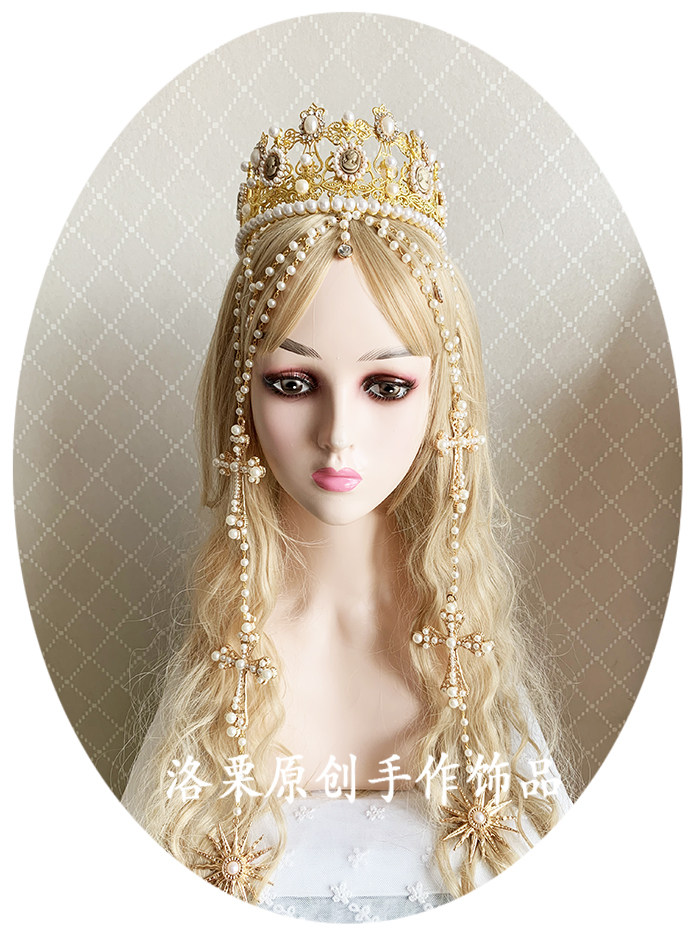 lolita皇冠圣母头冠复古美人头像十字架珍珠发冠头冠头饰洛丽塔