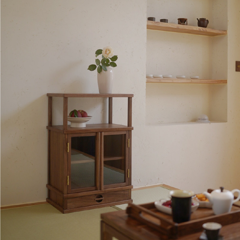 新中式飘窗柜实木茶室置物柜北美黑胡桃木榻榻米收纳储物展示柜