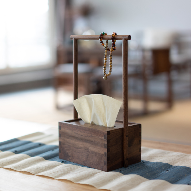 茶室中式禅意黑胡桃实木抽纸巾盒