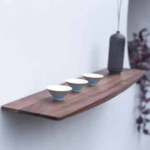 黑胡桃实木一字搁板禅意新中式置物架层板陈列架简约墙上装饰隔板