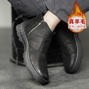 冬季拉链男鞋加厚真羊毛加绒皮毛一体保暖棉鞋雪地靴马丁靴男靴子