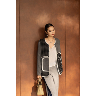 别具一格 时尚纯羊绒针织12针图案拼色开衫外套秋冬新款