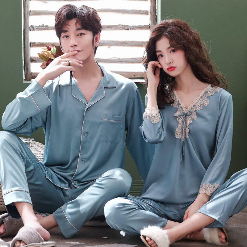 春秋新款情侣睡衣花边薄款女士长袖套装丝绸家居服男士冰丝两件套