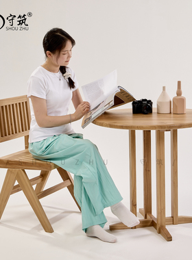 实木餐桌日式侘寂风小圆桌民宿休闲咖啡桌复古阳台圆形边桌洽谈桌