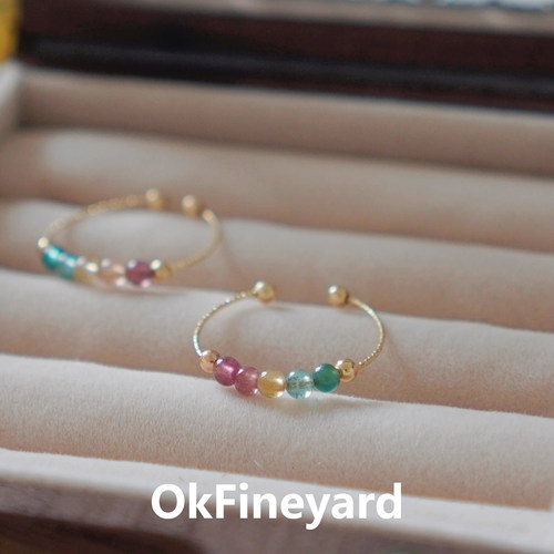 OkFineyard天然碧玺戒指渐变色小众设计开口食指环转运水晶尾戒女