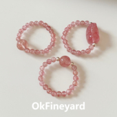 OkFineyard天然草莓晶串珠素圈戒指女粉色小众水晶弹力食指环尾戒