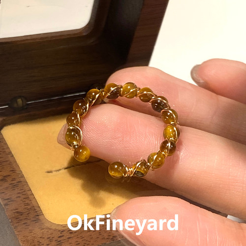 OkFineyard天然虎眼石招财绕线戒指女小众设计美拉德风开口食指环