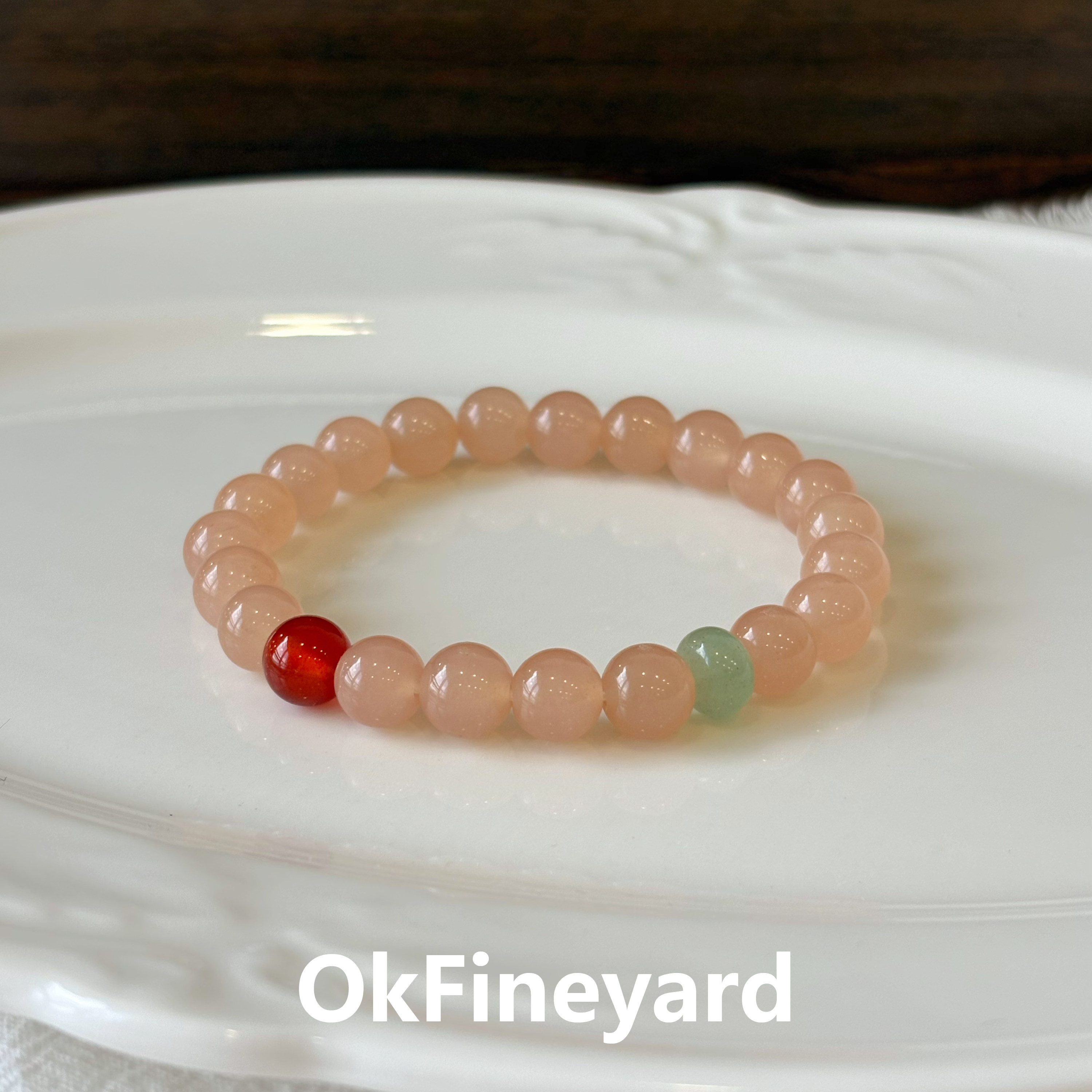 OkFineyard藕粉色玉髓手串女款小众设计天然南红翡翠串珠手链礼物