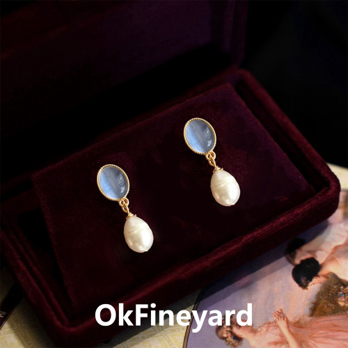 OkFineyard天然珍珠耳钉女猫眼石法式复古气质耳饰小众设计高级感