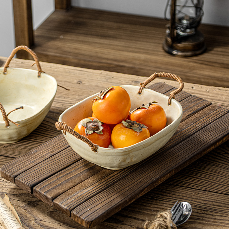 复古手工粗陶麻绳双耳碗